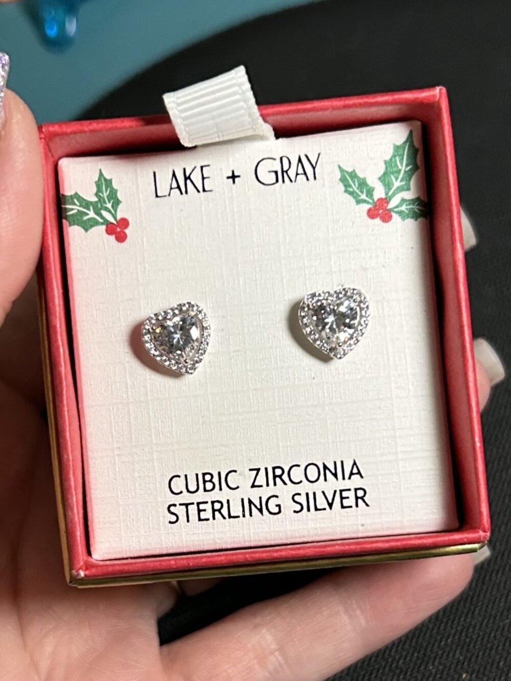 NIB Lake + Gray Sterling Silver CZ Heart Halo Stud Earrings Boxed